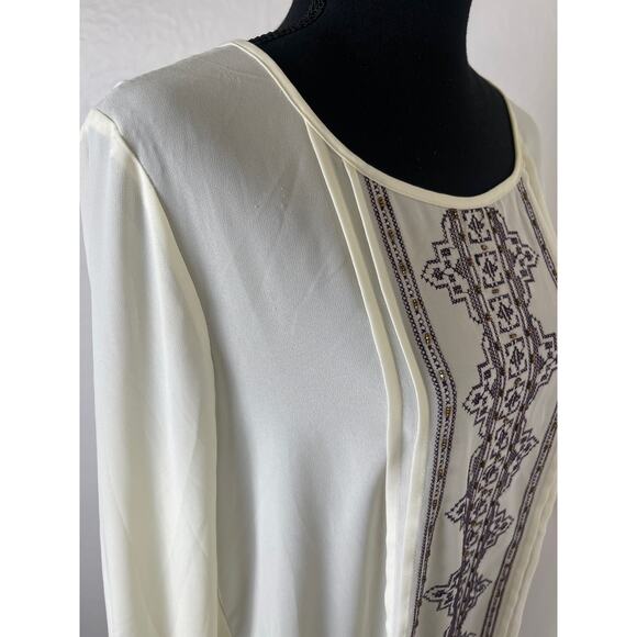 KLD Signature Women's Ruffle Hem Sequin Beaded Embroidered Sheer Blouses Cream L - Picture 8 of 13
